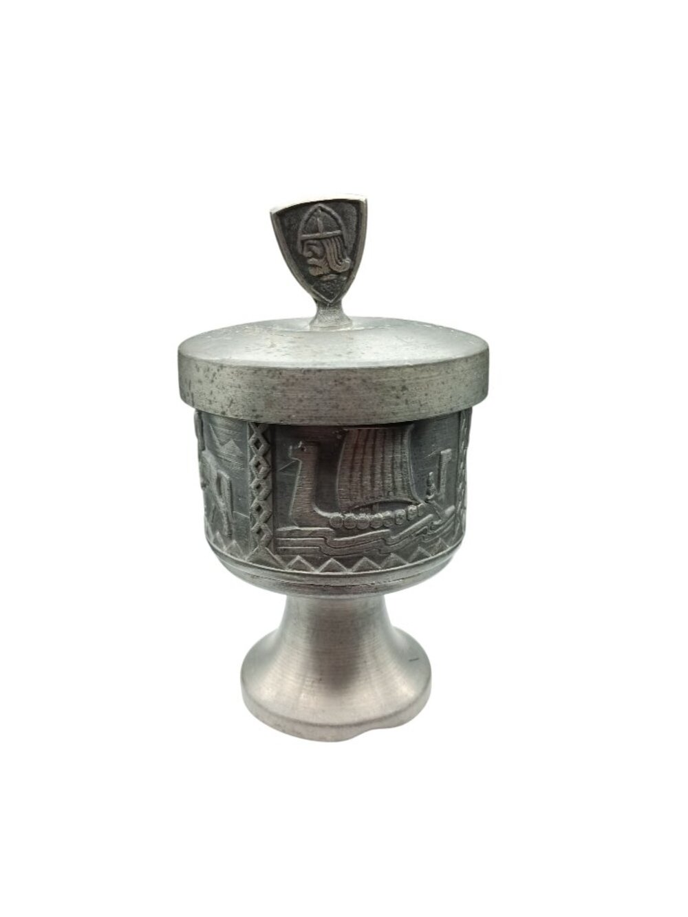 Vintage SNORRE Norsk Tinn Pewter Chalice Lidded Sugar Bowl 42 Norse Viking Detai